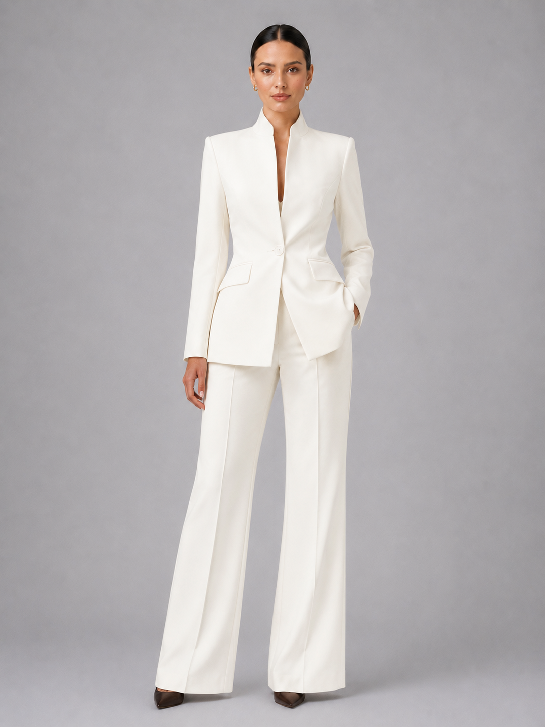 Women's Tailored Trouser Suit UK – collarless blazer set, view 4