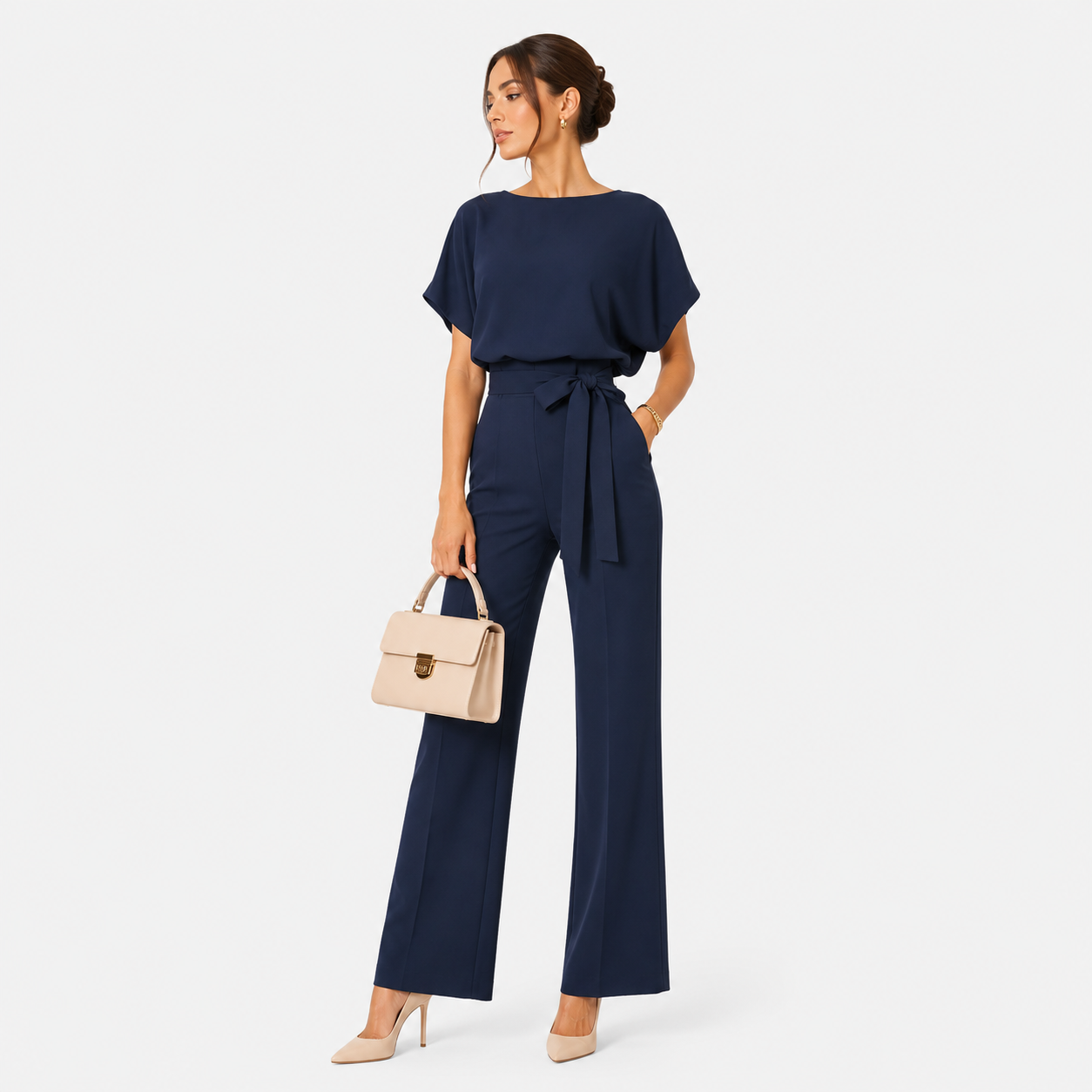 Women's Wide Leg Belted Jumpsuit Relaxed Fit Casual Outfit 0