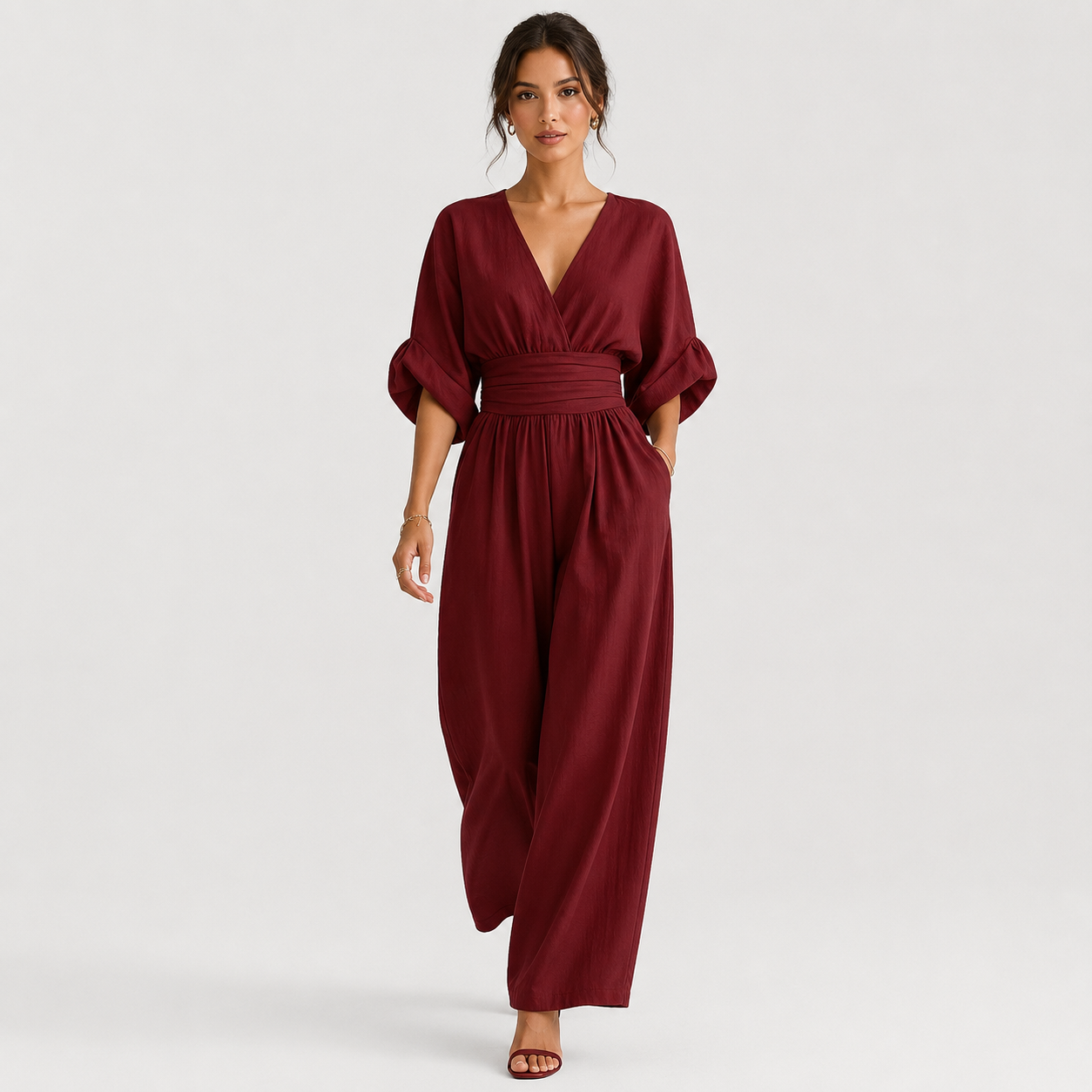 Women's Wide Leg Jumpsuit Elegant V Neck One Piece Outfit 0