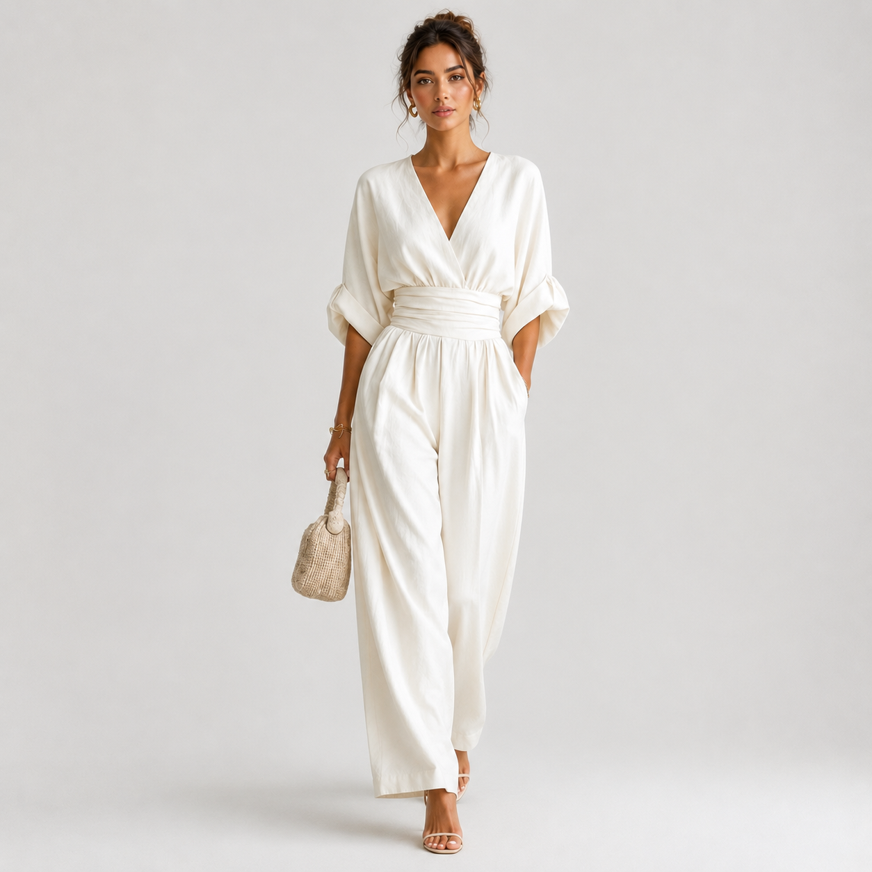 Women's Wide Leg Jumpsuit Elegant V Neck One Piece Outfit 4