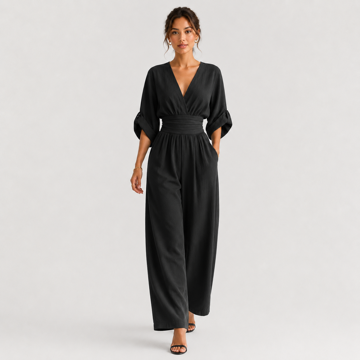 Women's Wide Leg Jumpsuit Elegant V Neck One Piece Outfit 6