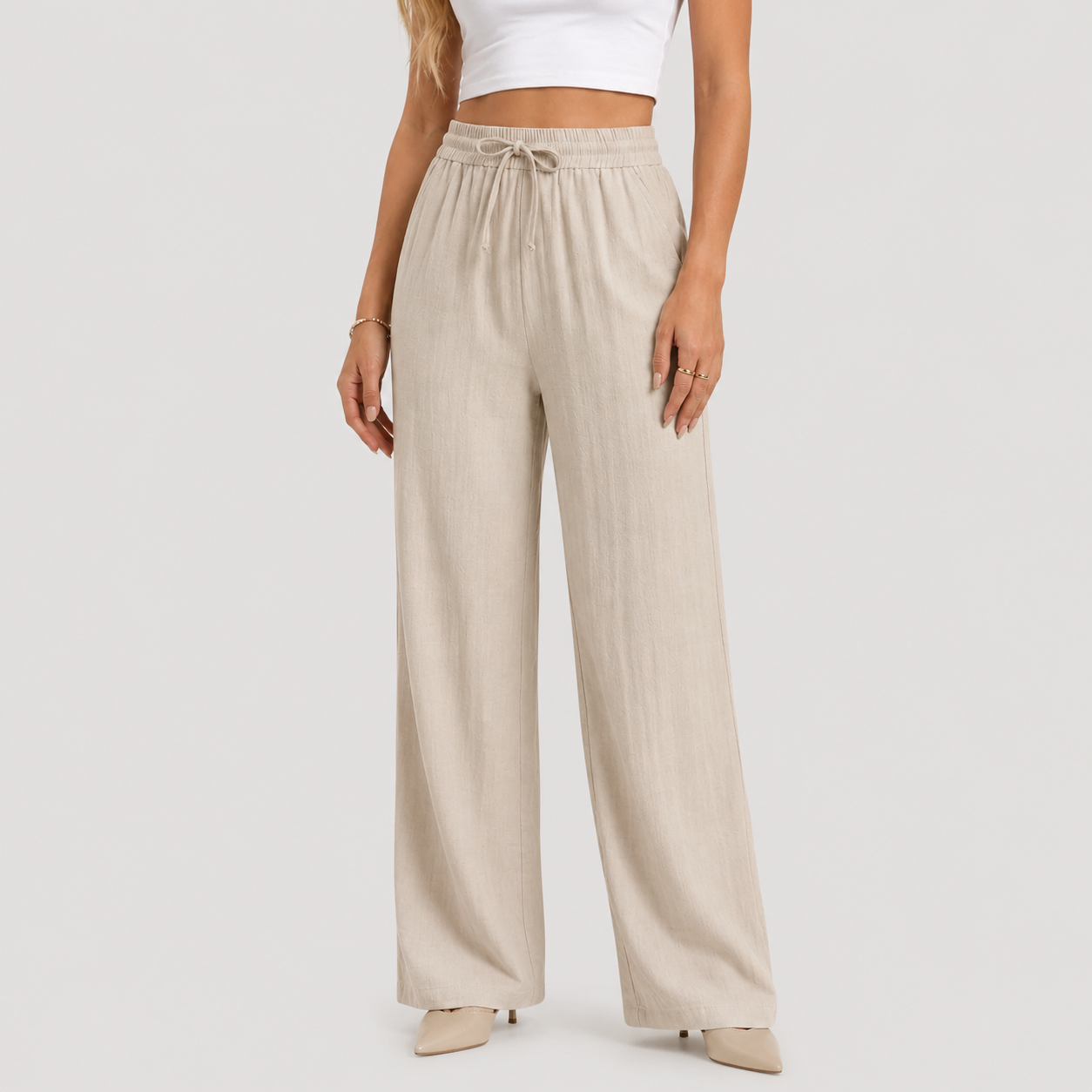 Women's Wide Leg Pants Elastic Waist and Linen Look 0