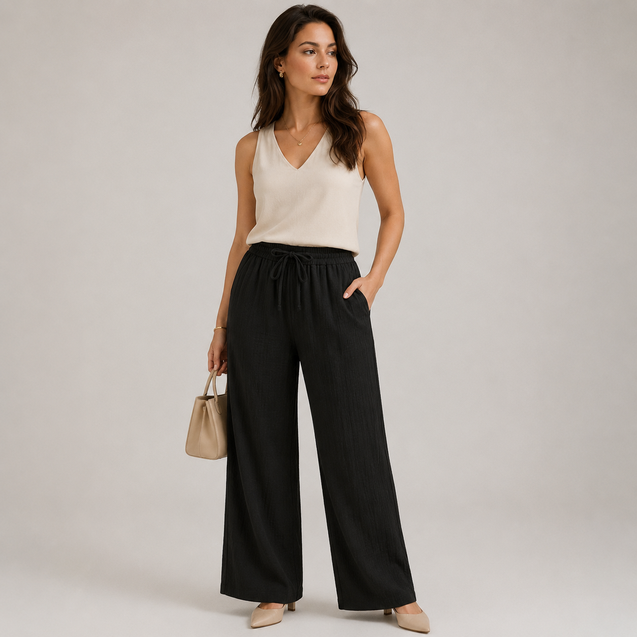 Women's Wide Leg Pants Elastic Waist and Linen Look 5