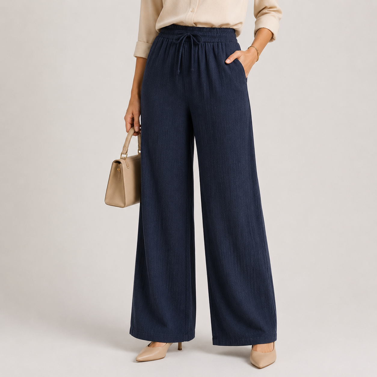 Women's Wide Leg Pants Elastic Waist and Linen Look 8