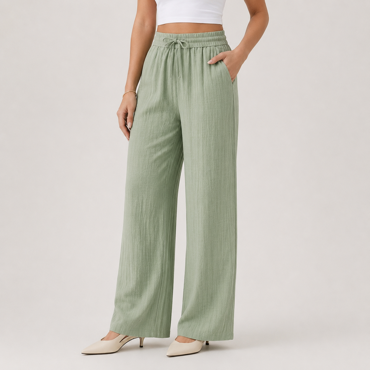 Women's Wide Leg Pants Elastic Waist and Linen Look 9