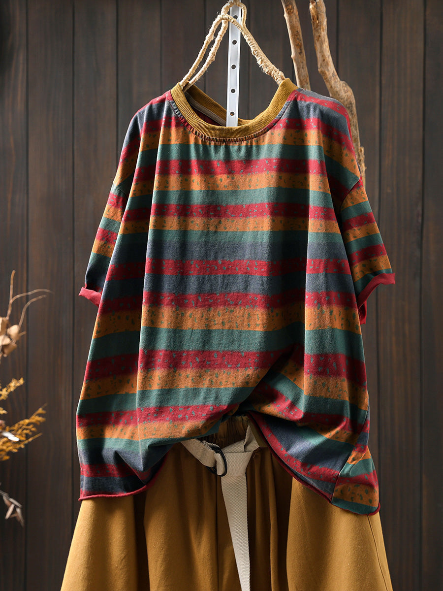 Women's Plus Size Colourblock Cotton Top – striped crew neck, view 1 | The Ismerie | Huna