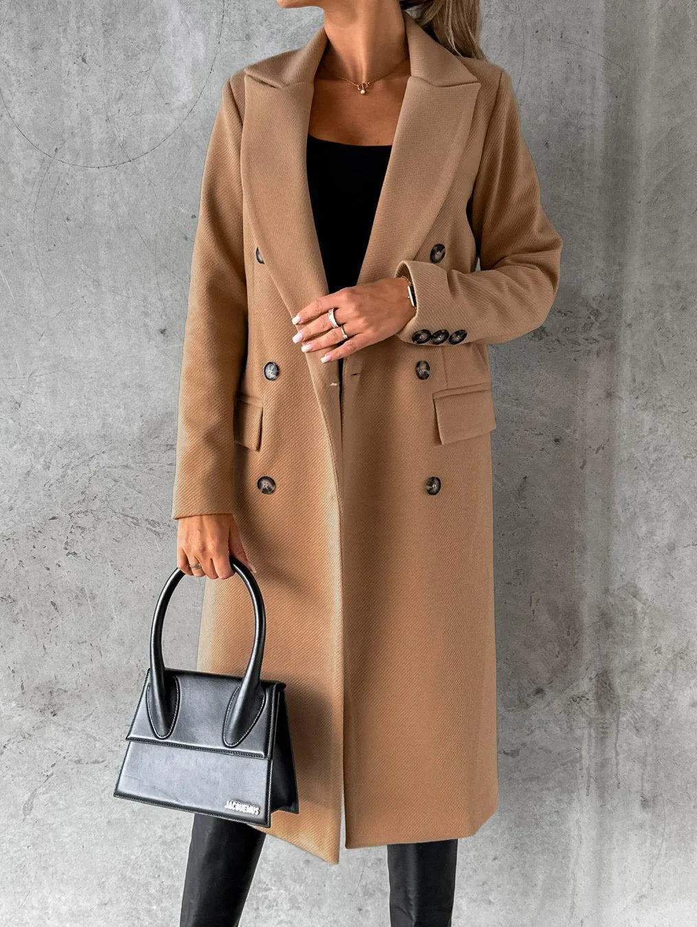 Women's Double-Breasted Long Coat UK – considered longline shape, view 2