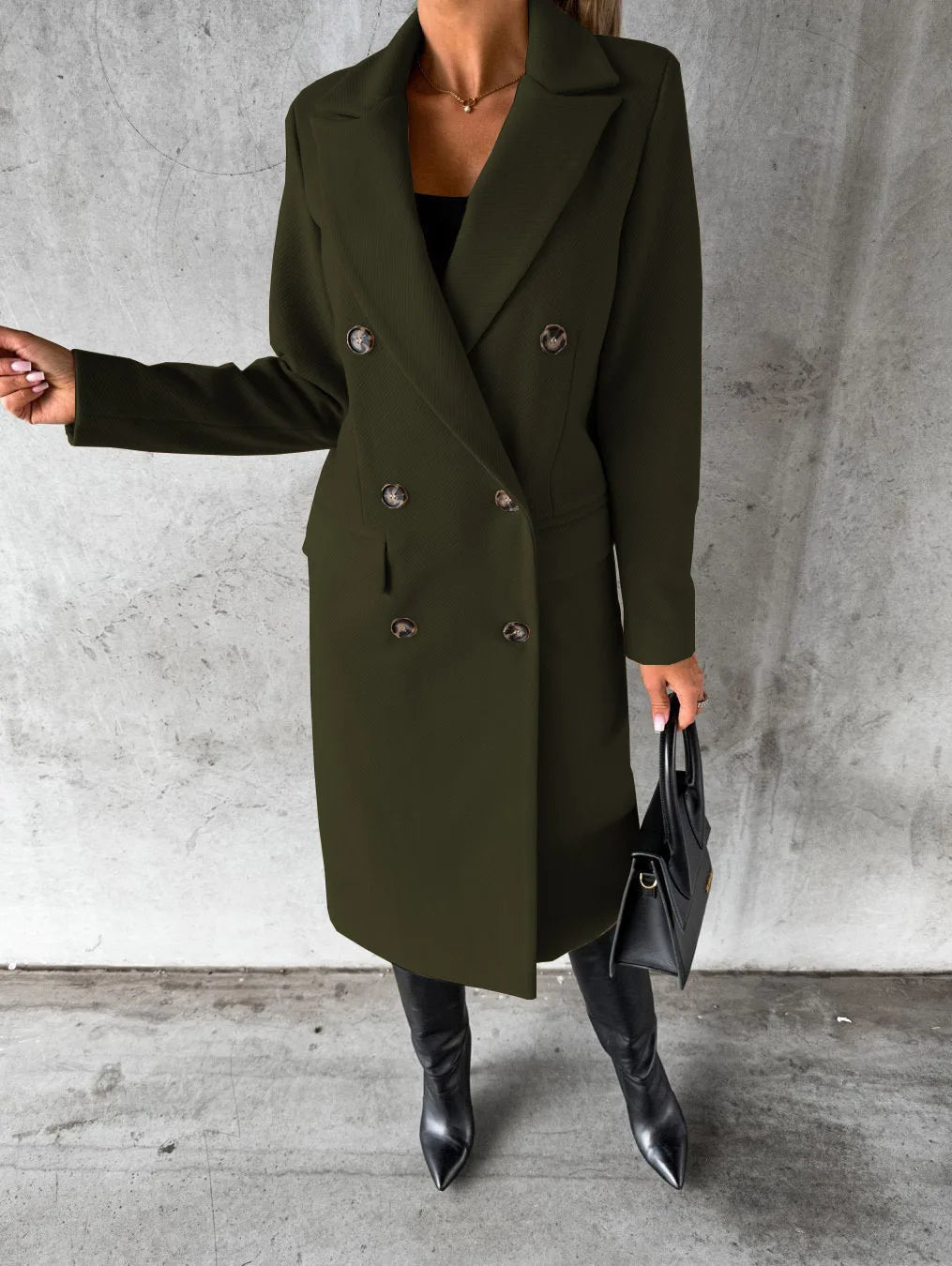 Women's Double-Breasted Long Coat UK – considered longline shape, view 3