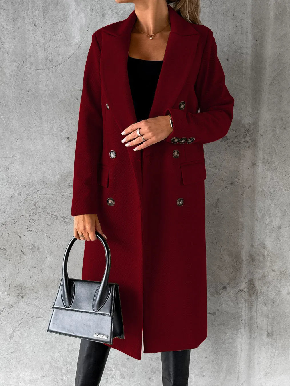 Women's Double-Breasted Long Coat UK – considered longline shape, view 5