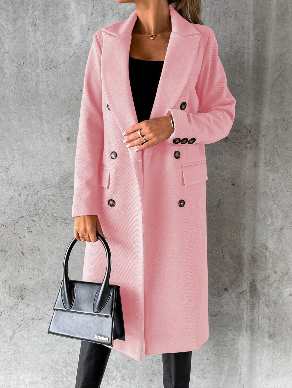 Women's Double-Breasted Long Coat UK – considered longline shape, view 6
