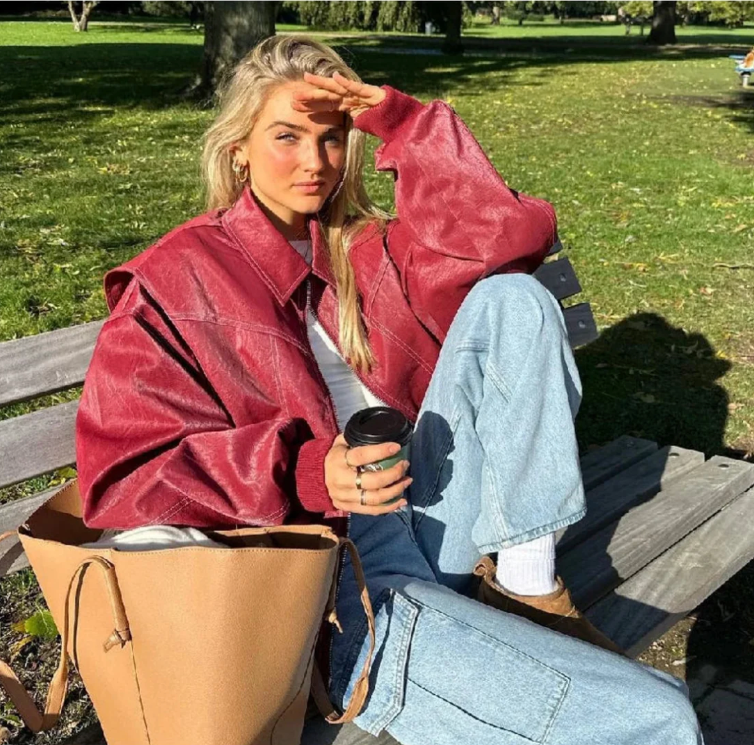 Women's Red Leather Bomber Jacket in red – The Orlena detail view 1