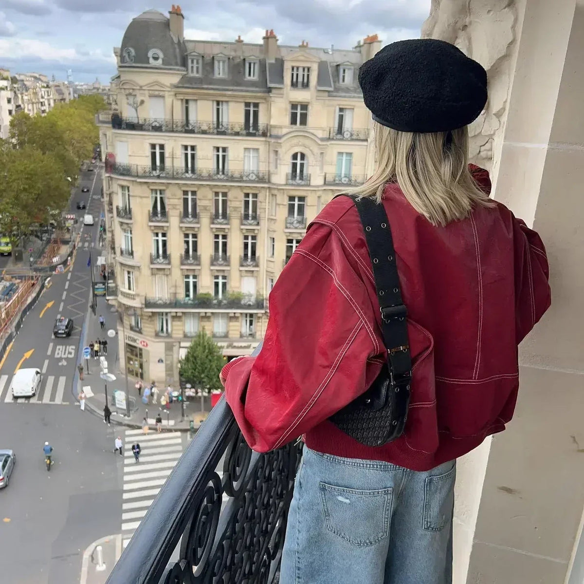 Women's Red Leather Bomber Jacket in red – The Orlena side view 2
