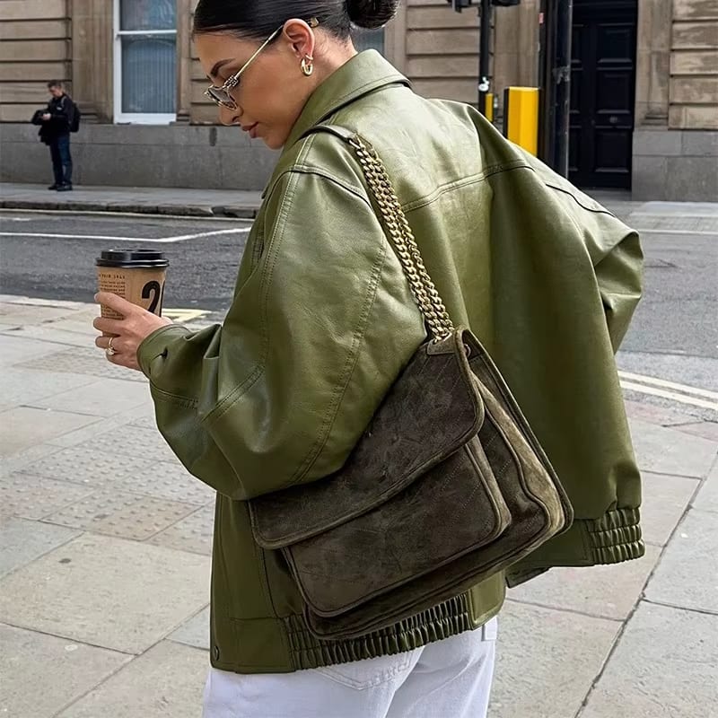 Women's Green Leather Bomber in green – The Evarenne side view 1