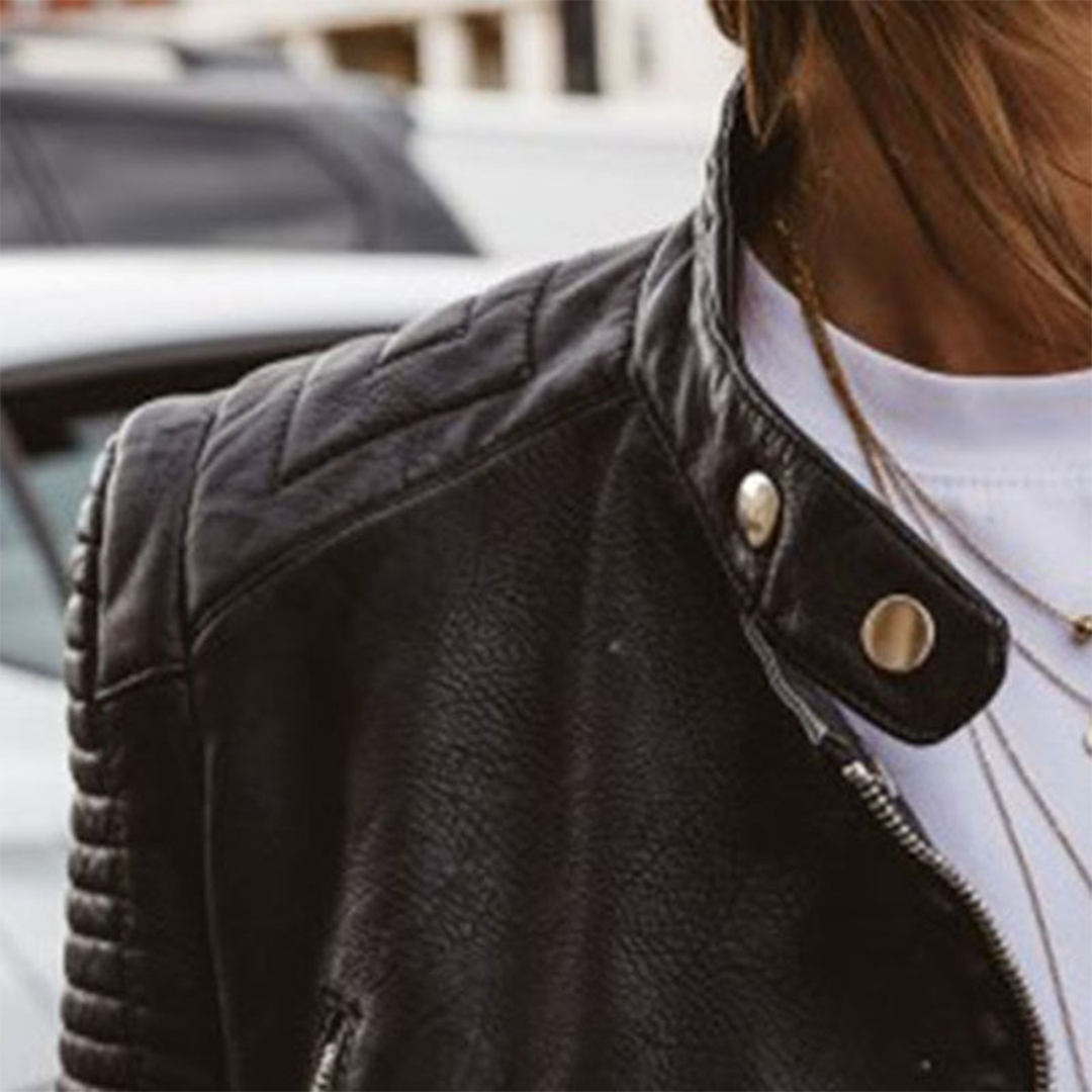 Women's Quilted Leather Biker Jacket in black – The Selmara detail view 1