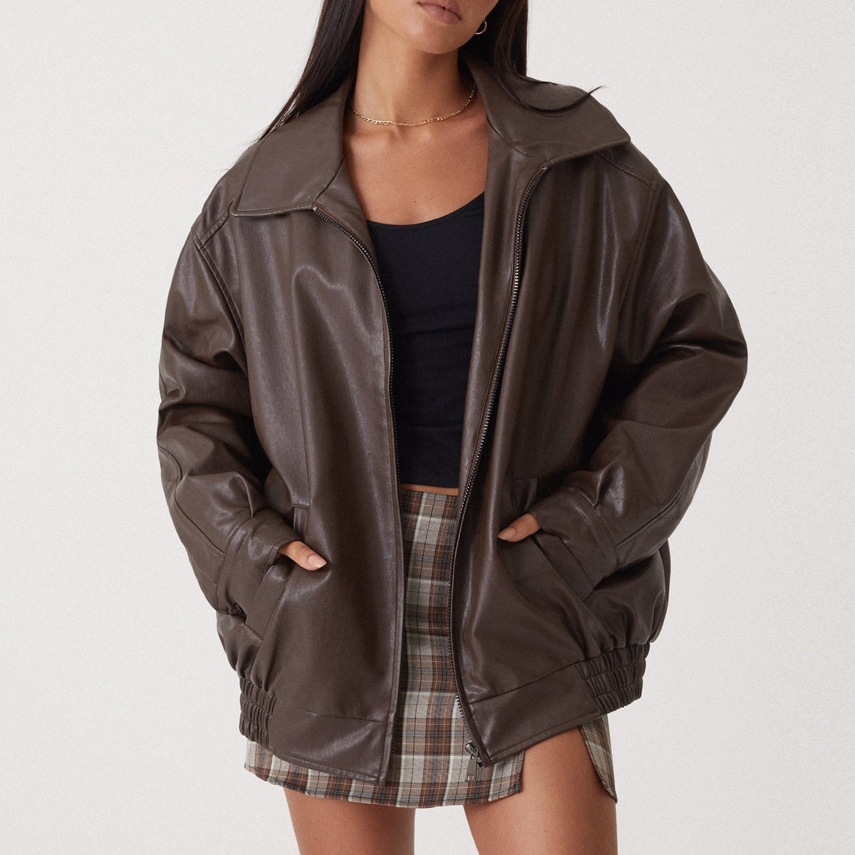 Women's Brown Leather Bomber in brown – The Coraline close-up 1