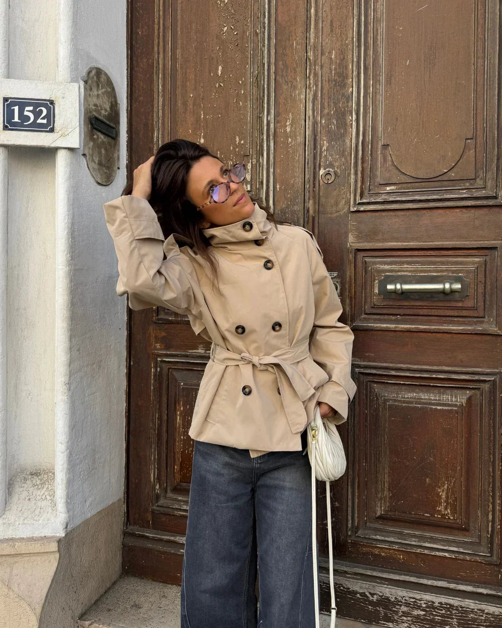 Women's High Neck Trench Coat UK – belted wind-ready style, view 1