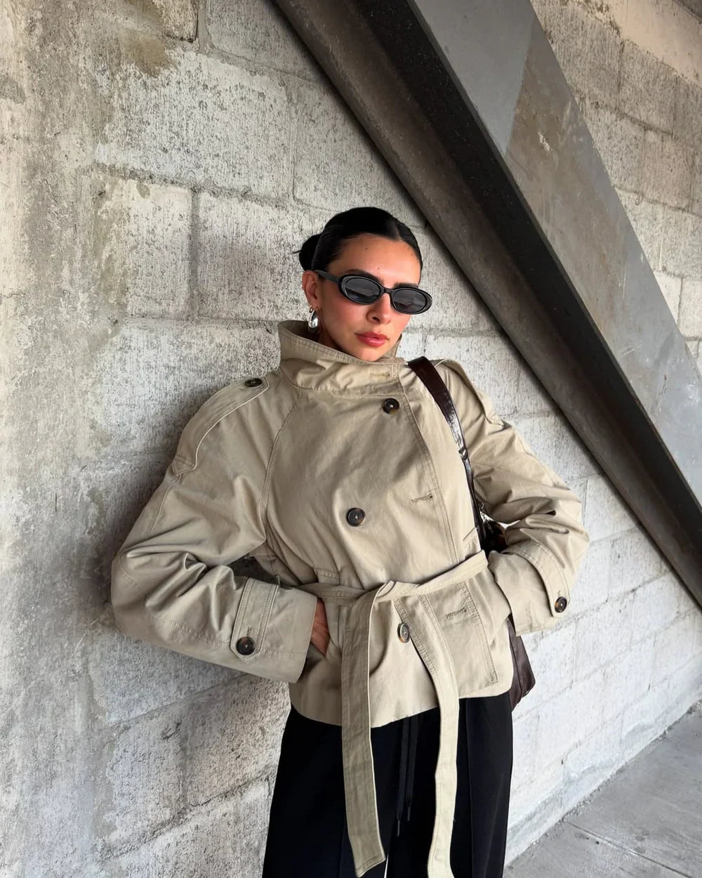 Women's High Neck Trench Coat UK – belted wind-ready style, view 4