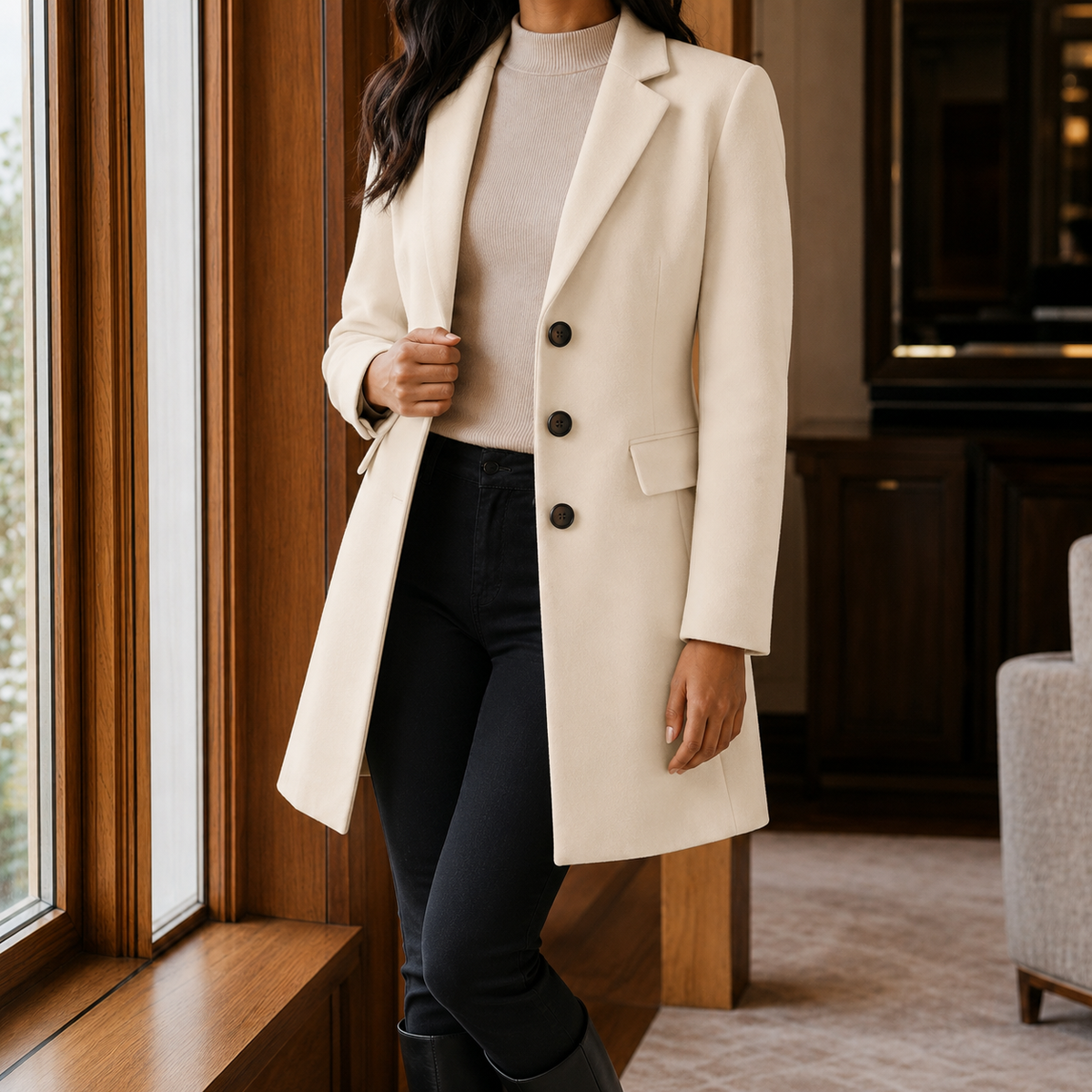 Women's Tailored Wool Blend Coat UK – gently flared fit, view 10