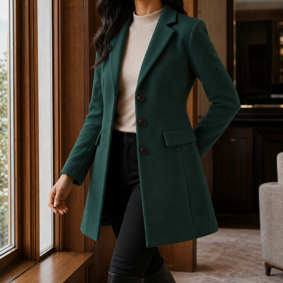 Women's Tailored Wool Blend Coat UK – gently flared fit, view 11