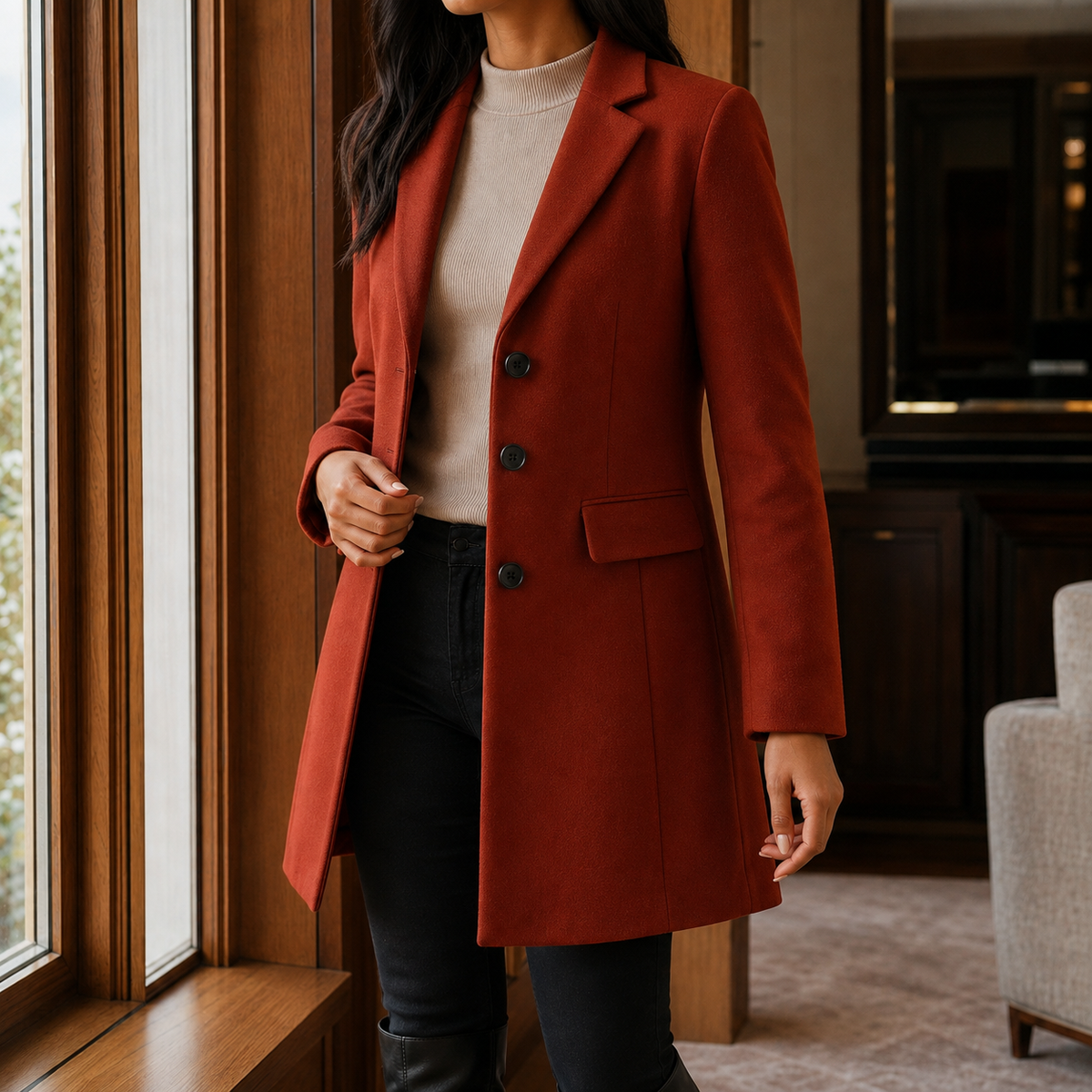 Women's Tailored Wool Blend Coat UK – gently flared fit, view 12