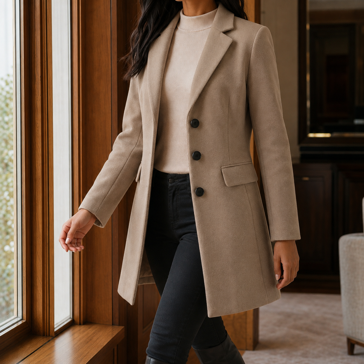 Women's Tailored Wool Blend Coat UK – gently flared fit, view 13