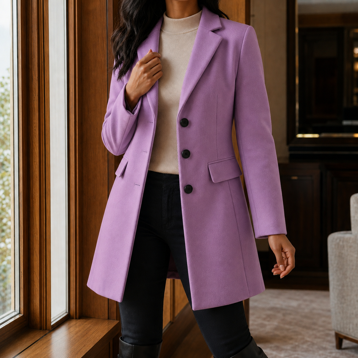 Women's Tailored Wool Blend Coat UK – gently flared fit, view 14