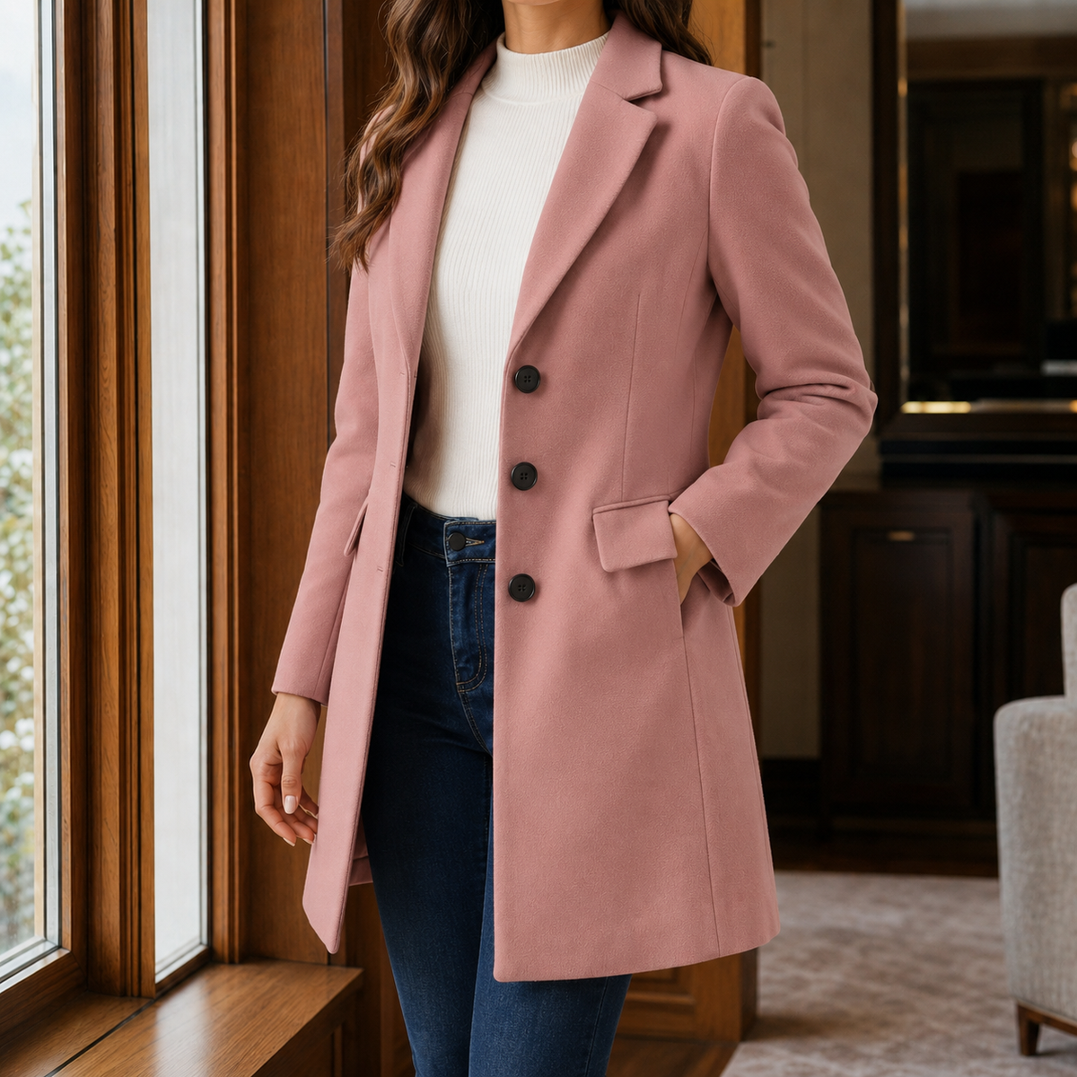 Women's Tailored Wool Blend Coat UK – gently flared fit, view 17