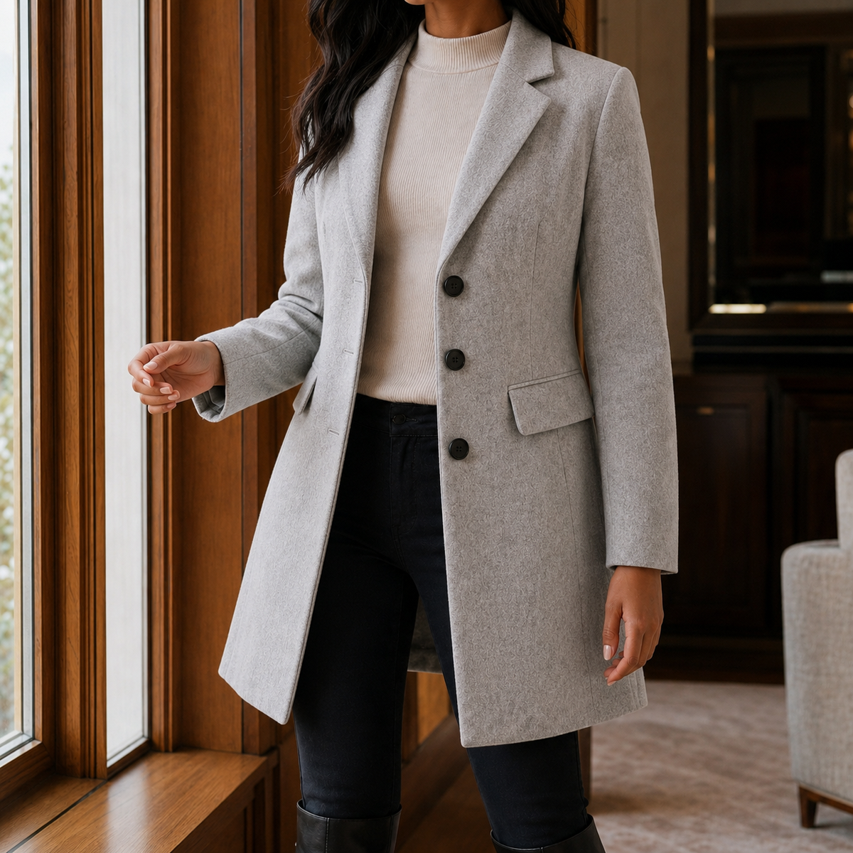 Women's Tailored Wool Blend Coat UK – gently flared fit, view 18