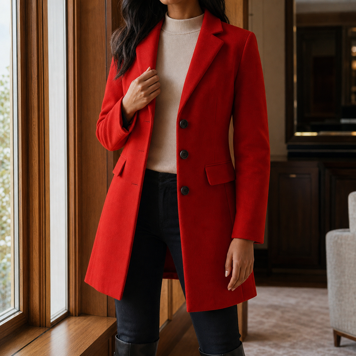 Women's Tailored Wool Blend Coat UK – gently flared fit, view 1