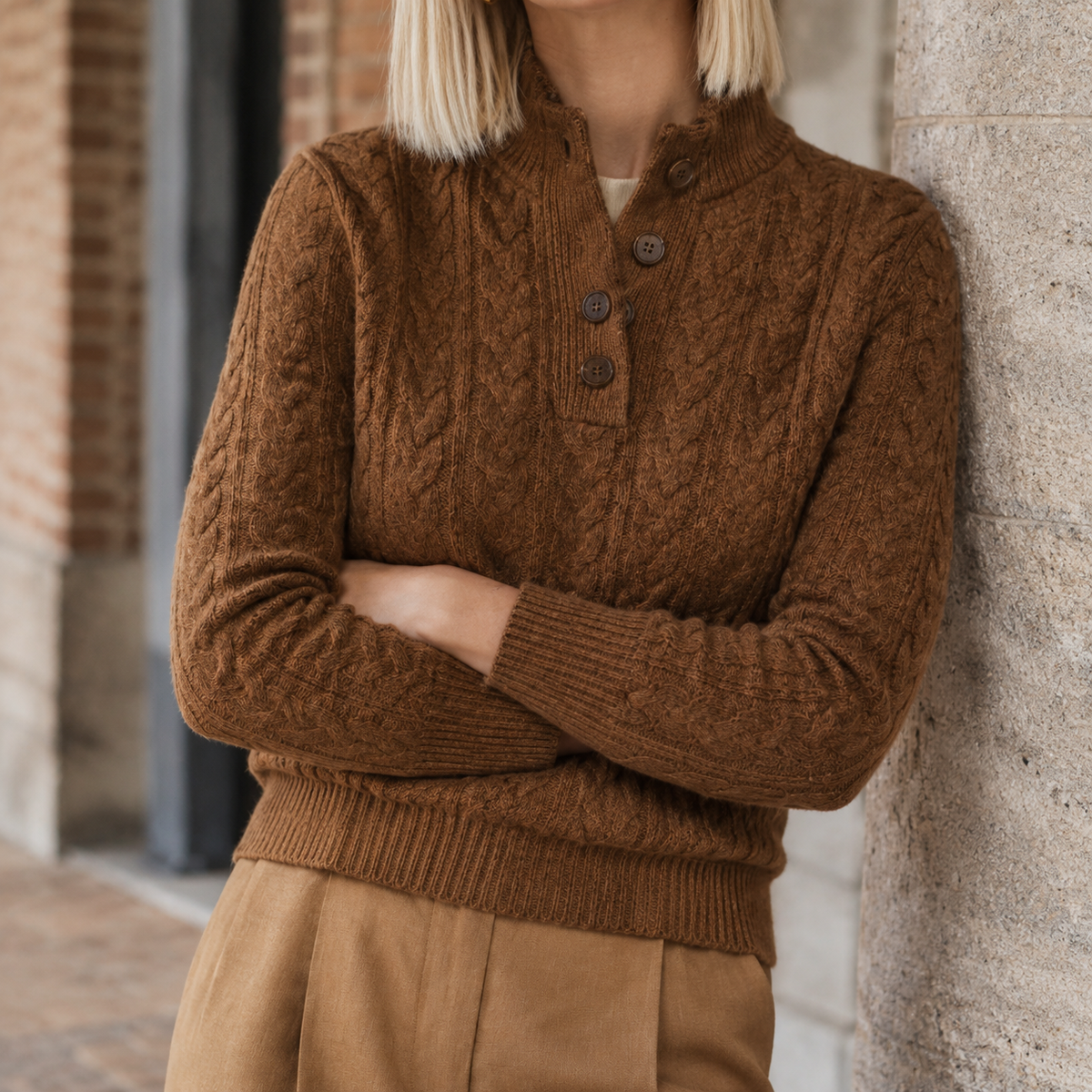 Women's Cable Knit Cashmere Jumper – button neck slim fit – product view 1