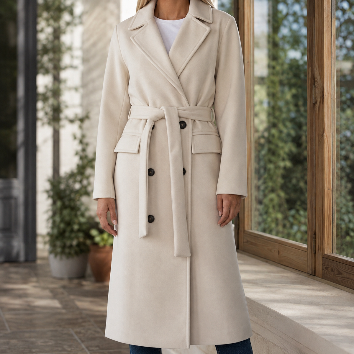 Women's Belted Long Coat UK – double-breasted fit, view 1