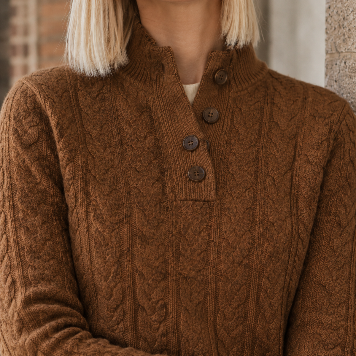 Women's Cable Knit Cashmere Jumper – button neck slim fit – product view 3