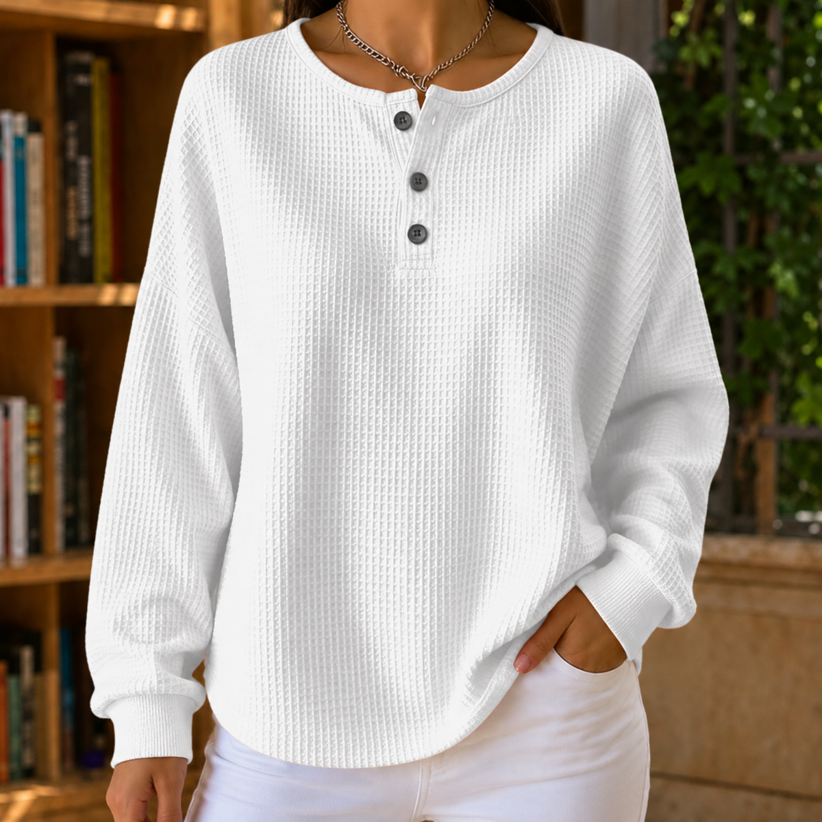 Women's Waffle Knit Jumper UK – relaxed henley, view 3