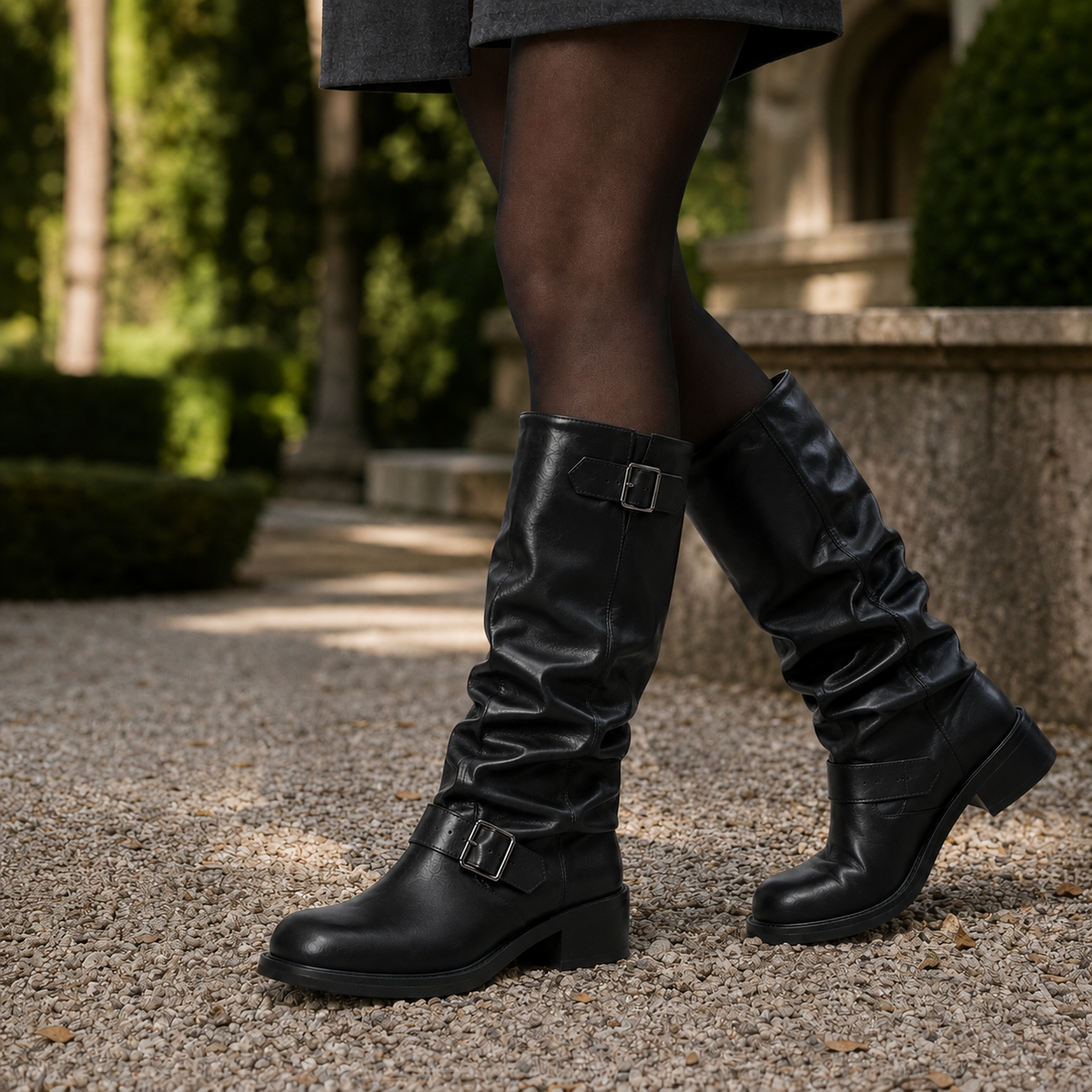 Women's Knee-High Biker Boots – slouchy double buckle, view 3 | The Heloise | Huna