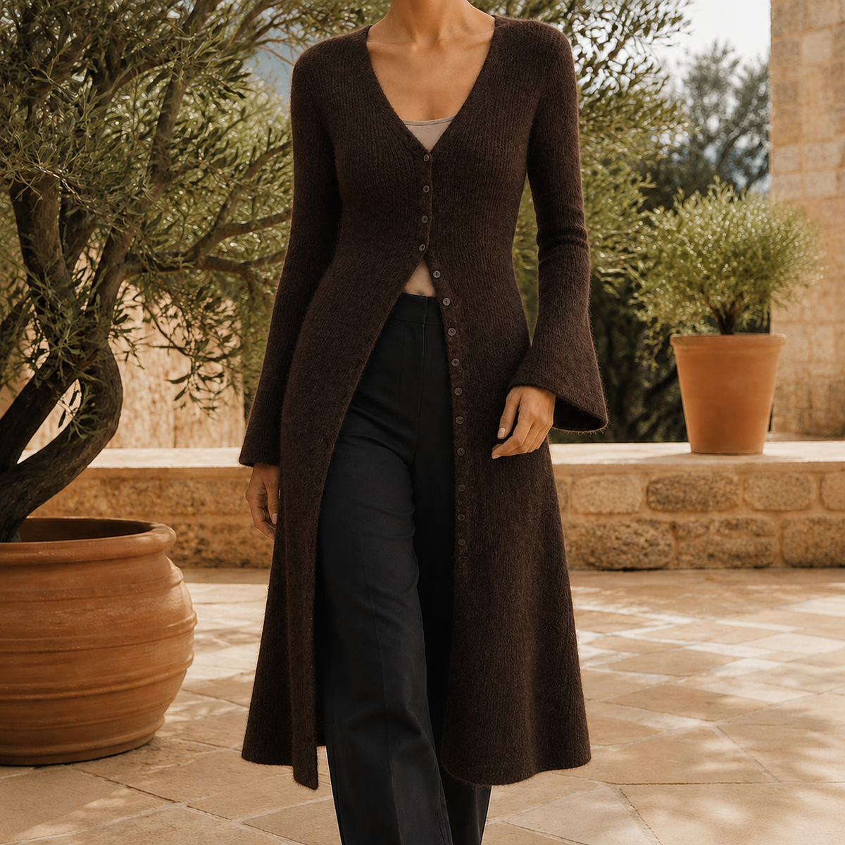 Women's Longline V-Neck Cardigan – button front wool blend – product view 3