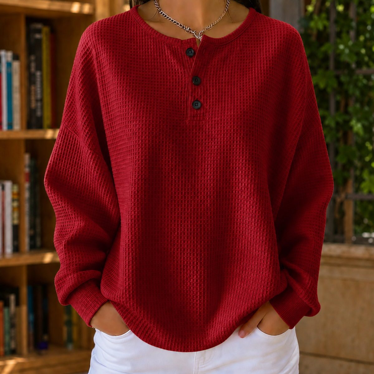 Women's Waffle Knit Jumper UK – relaxed henley, view 4