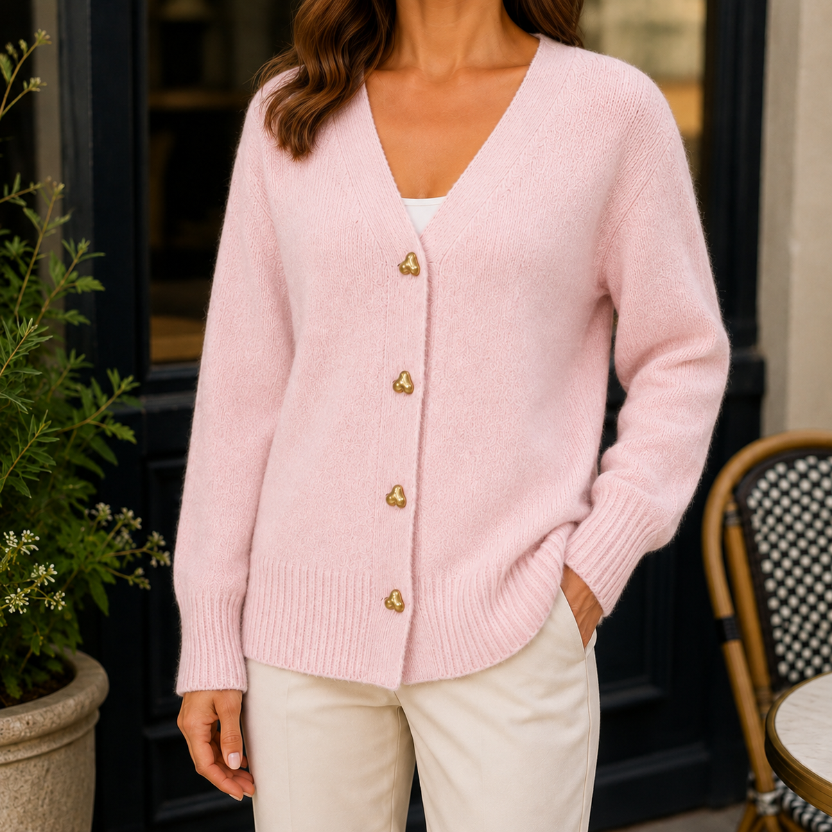 Women's Heart Button Cardigan – deep v-neck knit – product view 4