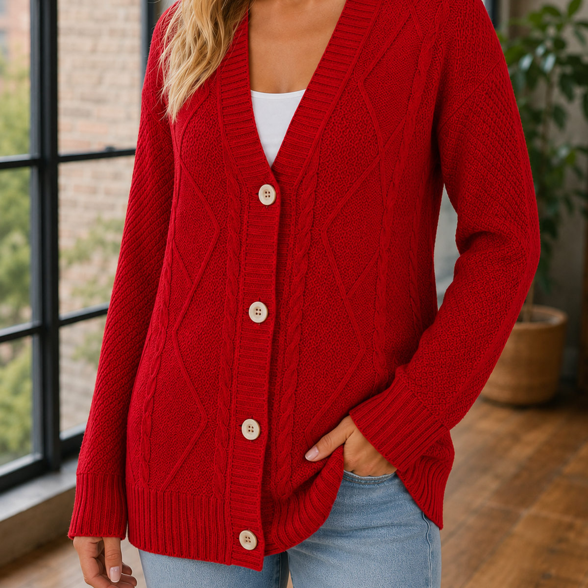 Women's Cable Knit Cardigan UK – longline button front, view 4