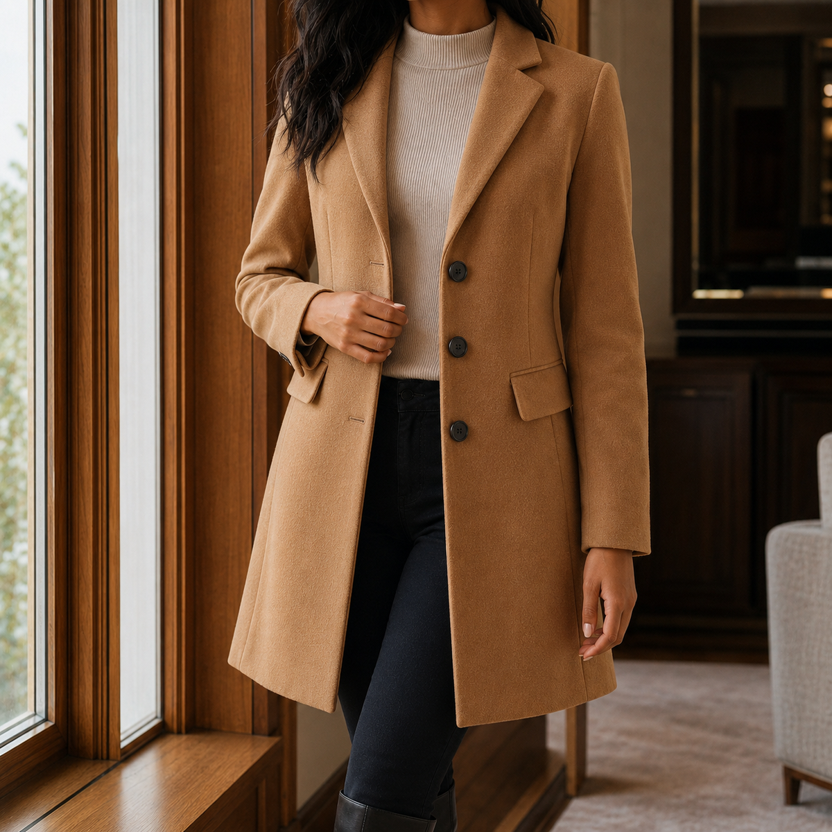 Women's Tailored Wool Blend Coat UK – gently flared fit, view 5