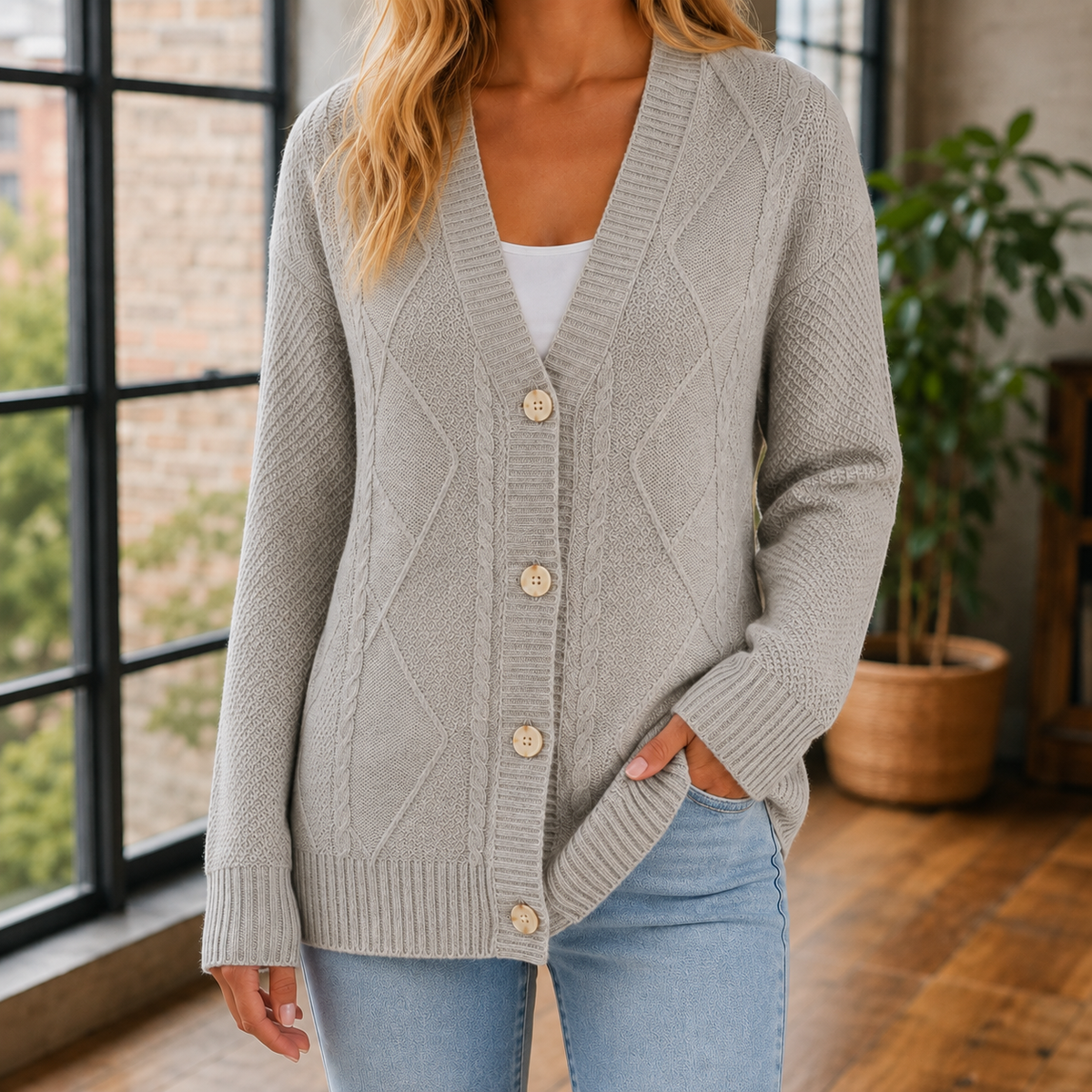 Women's Cable Knit Cardigan UK – longline button front, view 5