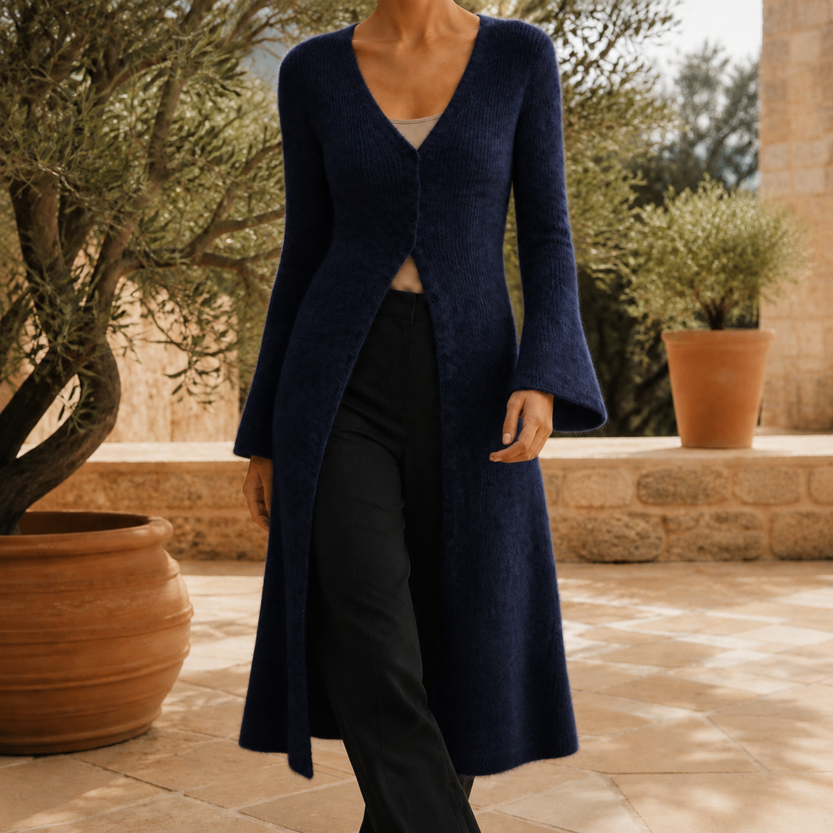 Women's Longline V-Neck Cardigan – button front wool blend – product view 5