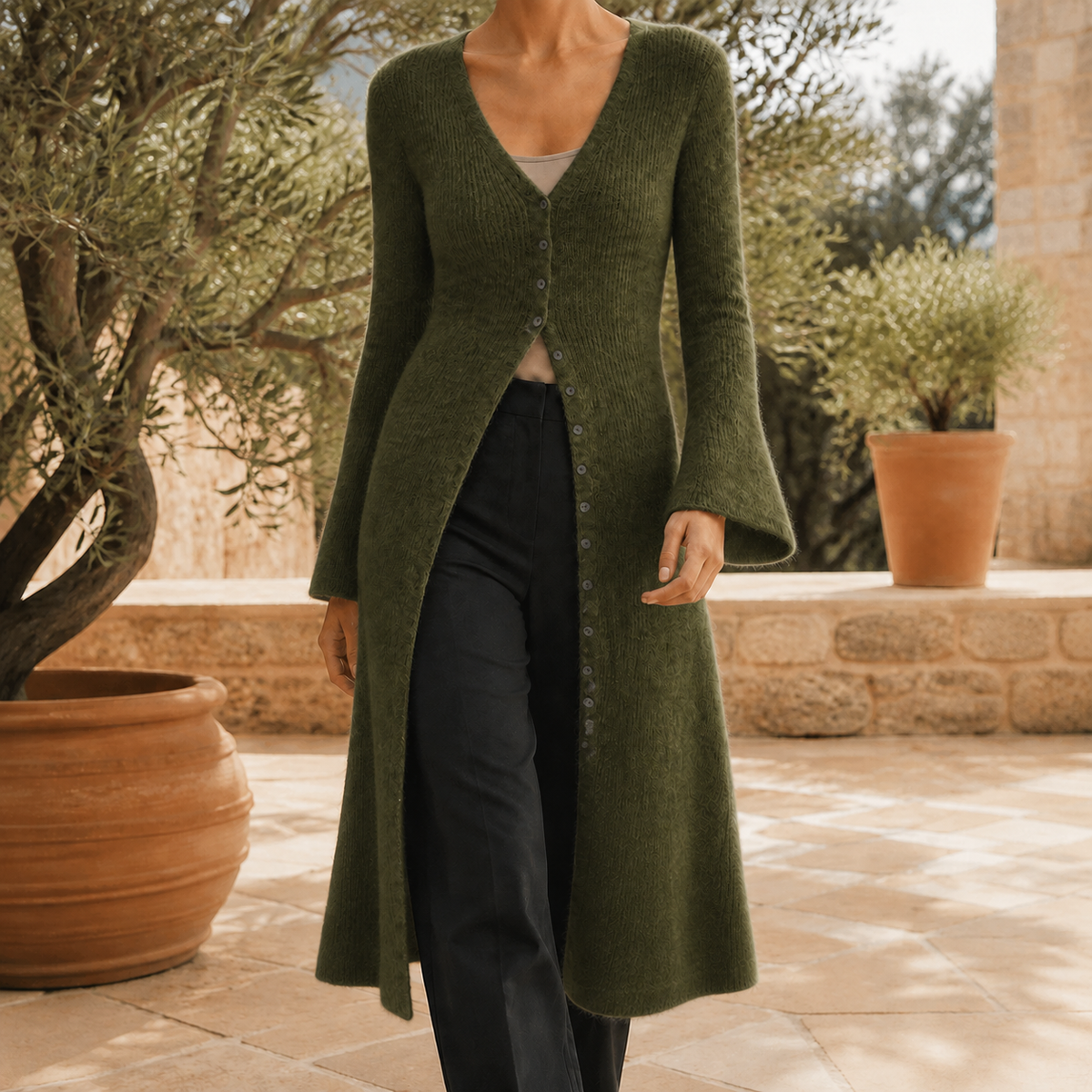 Women's Longline V-Neck Cardigan – button front wool blend – product view 6