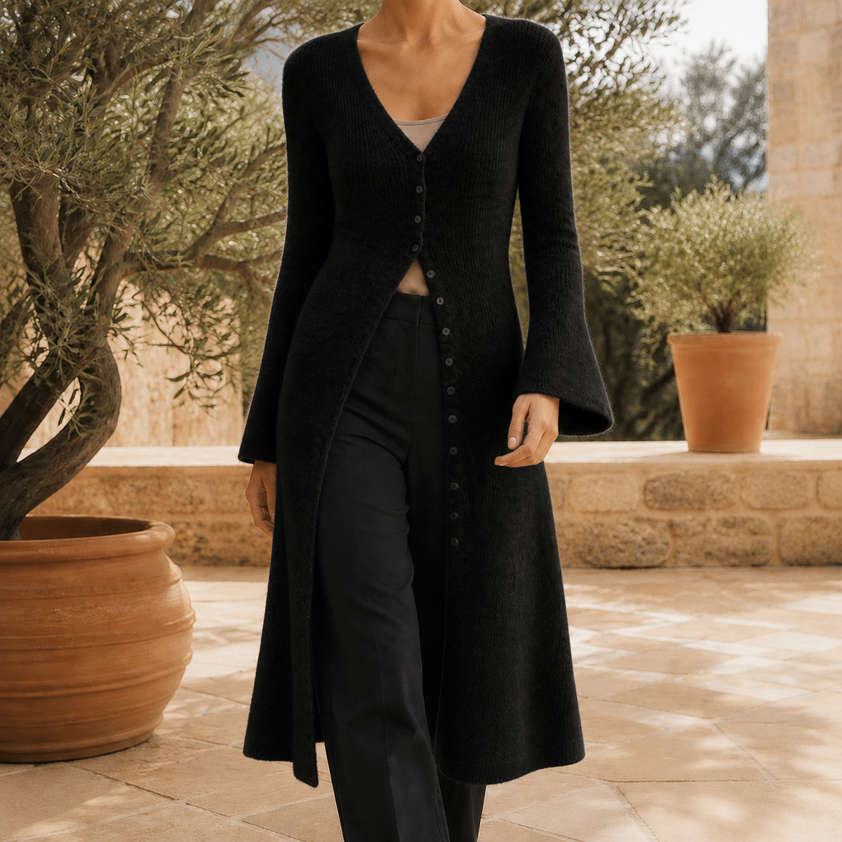 Women's Longline V-Neck Cardigan – button front wool blend – product view 7