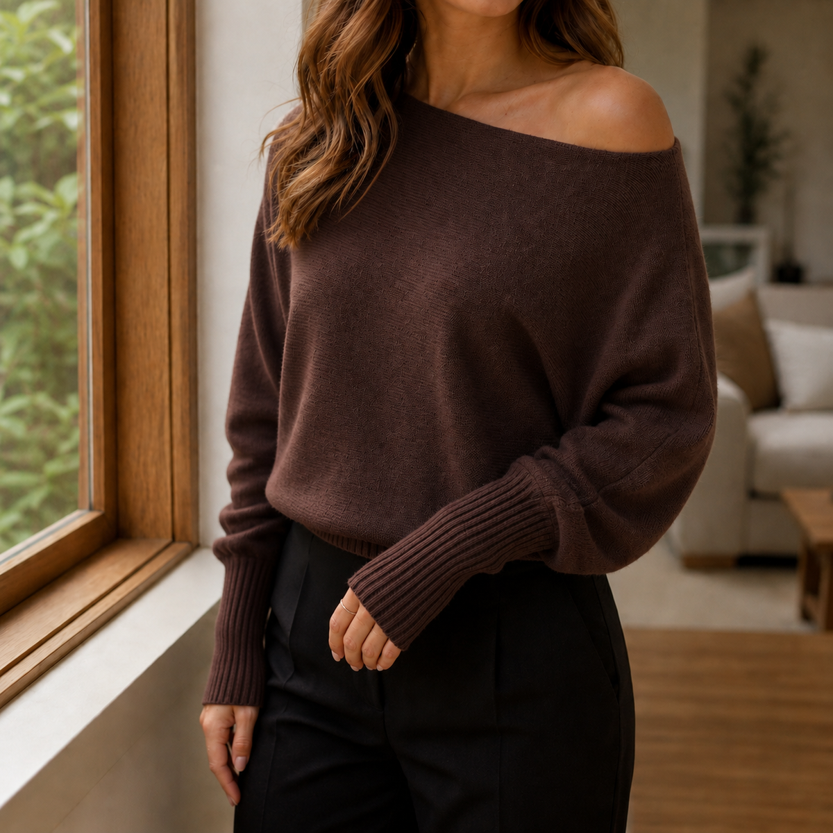 Women's Asymmetric Jumper – one shoulder fine knit – product view 8