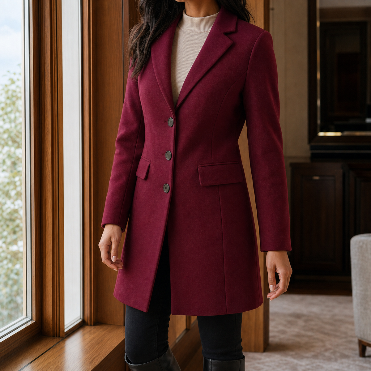 Women's Tailored Wool Blend Coat UK – gently flared fit, view 9