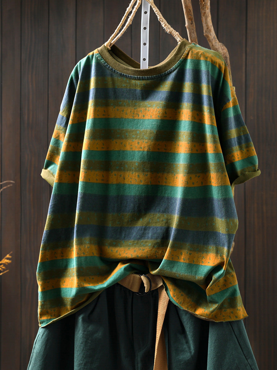 Women's Plus Size Colourblock Cotton Top – striped crew neck, view 2 | The Ismerie | Huna