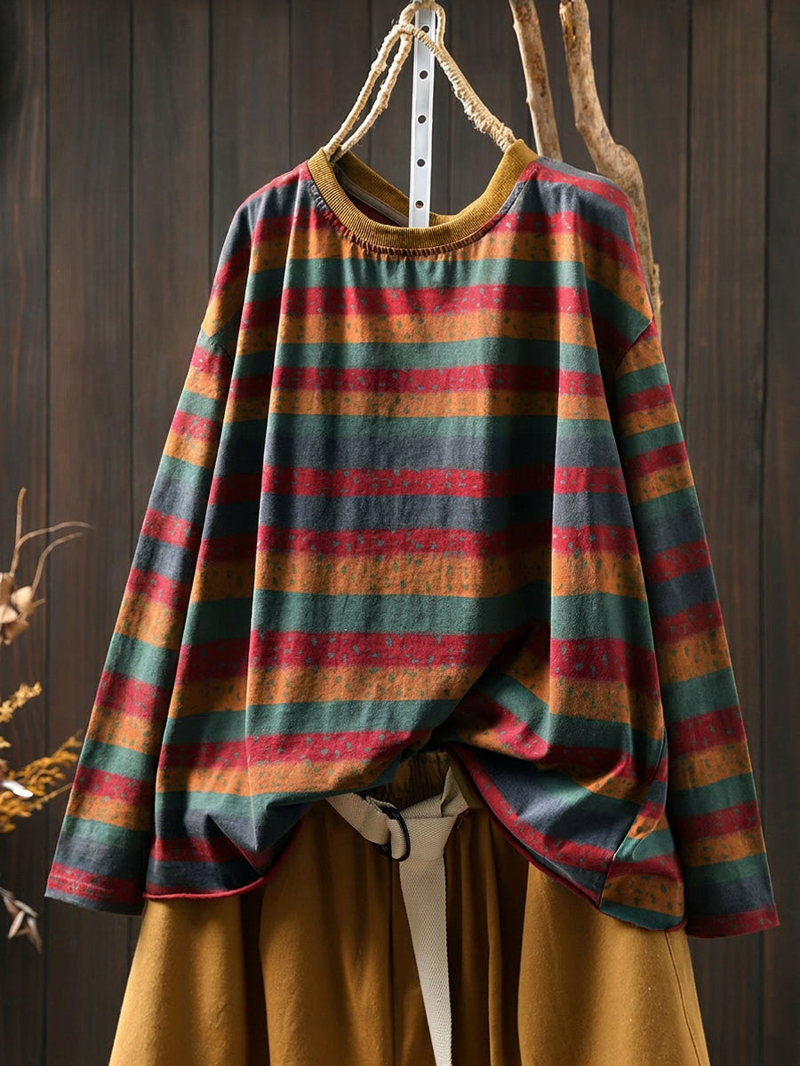 Women's Plus Size Colourblock Cotton Top – striped crew neck, view 9 | The Ismerie | Huna