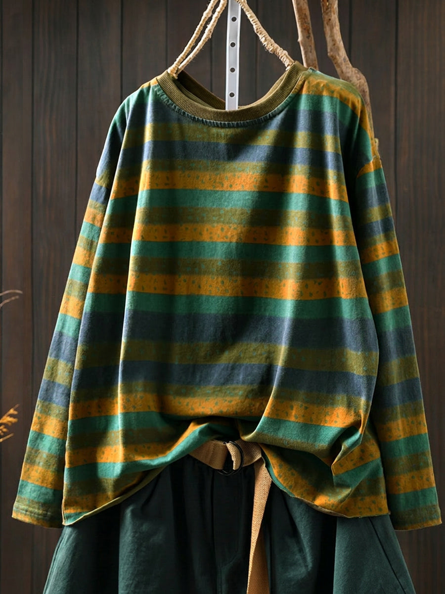 Women's Plus Size Colourblock Cotton Top – striped crew neck, view 10 | The Ismerie | Huna