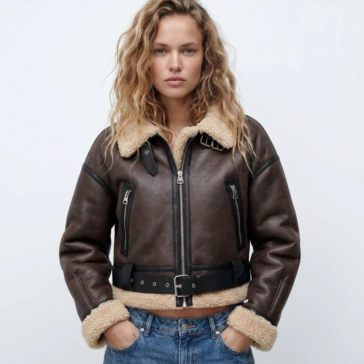 Women's Shearling Bomber Jacket in brown – The Florienne front view 1