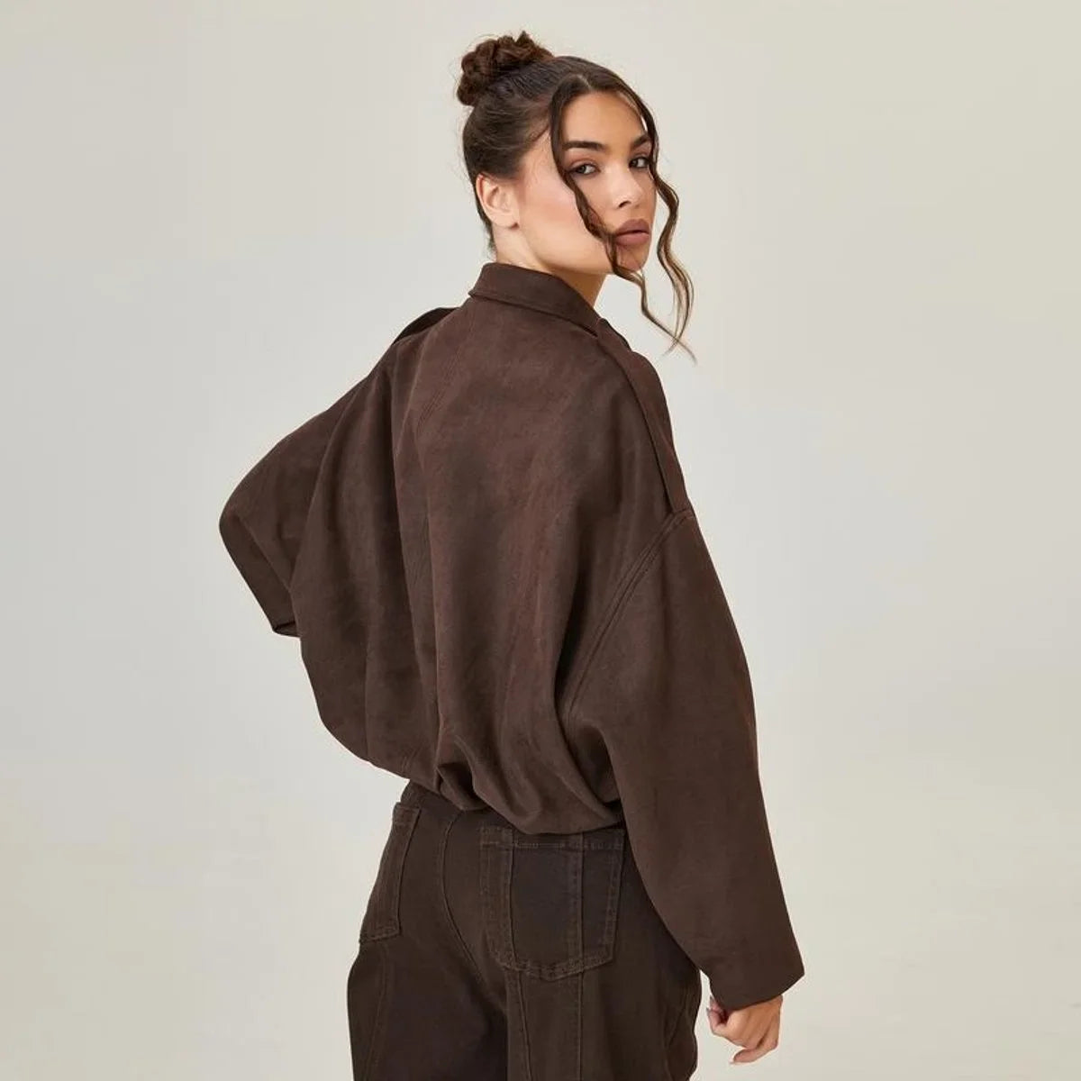 Women's Oversized Suede Bomber in brown – The Zarelle front view 1